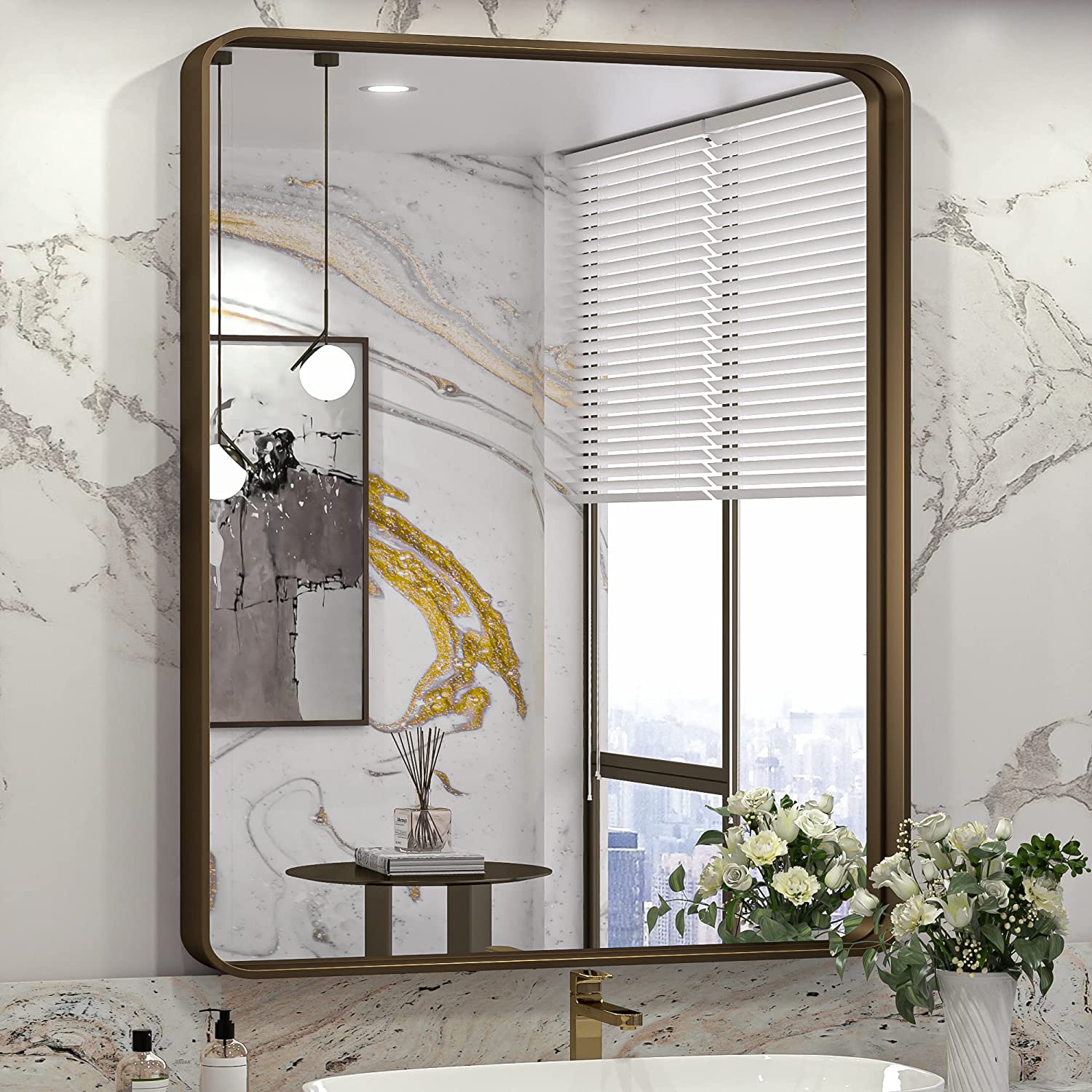 Bathroom Vanity Mirror with Brushed Gold Aluminum Frame – HD Tempered Glass Wall Mirror for Over Sink, Modern Design, Horizontal or Vertical Mount for Bathroom, Entryway, or Bedroom