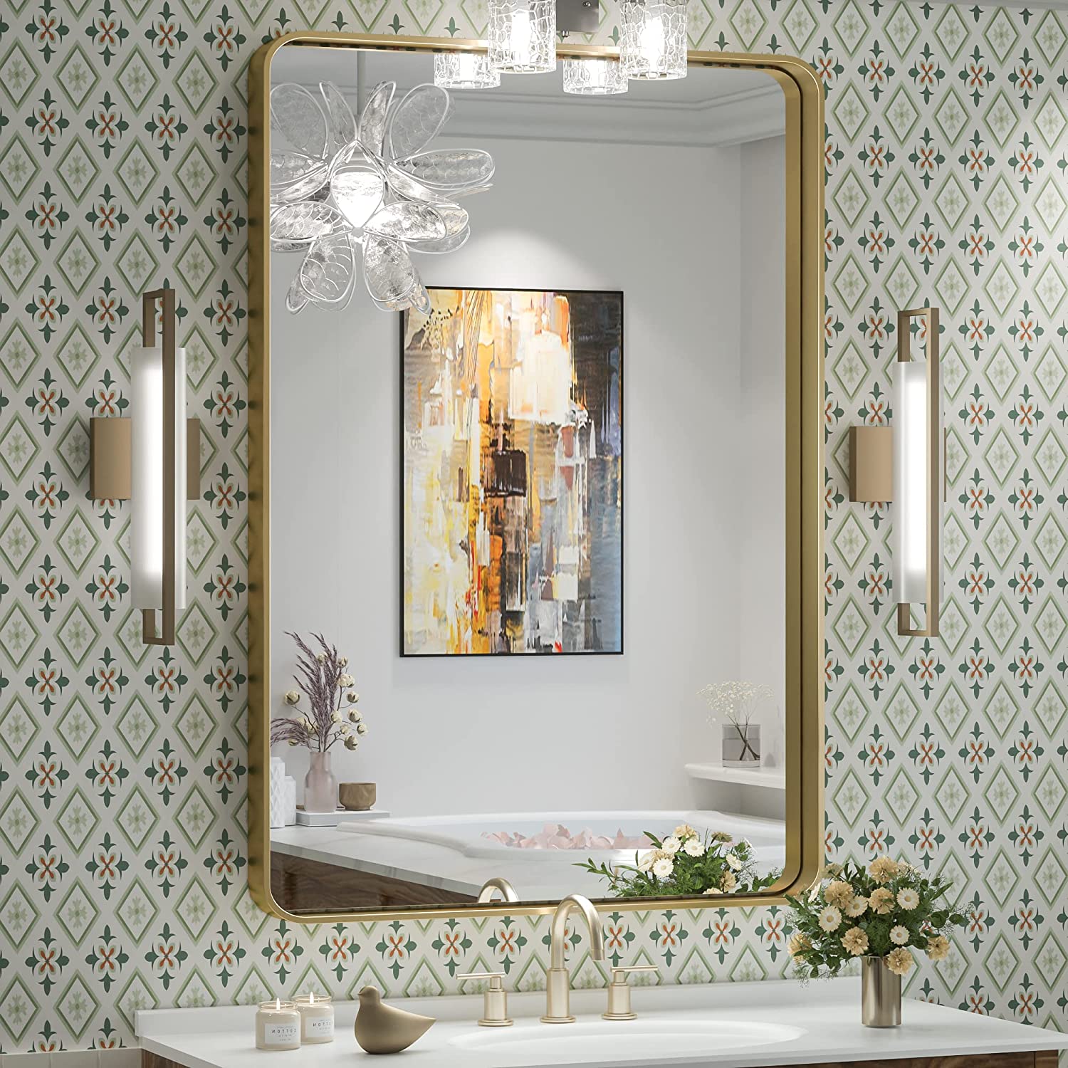 Bathroom Vanity Mirror with Brushed Gold Aluminum Frame – HD Tempered Glass Wall Mirror for Over Sink, Modern Design, Horizontal or Vertical Mount for Bathroom, Entryway, or Bedroom