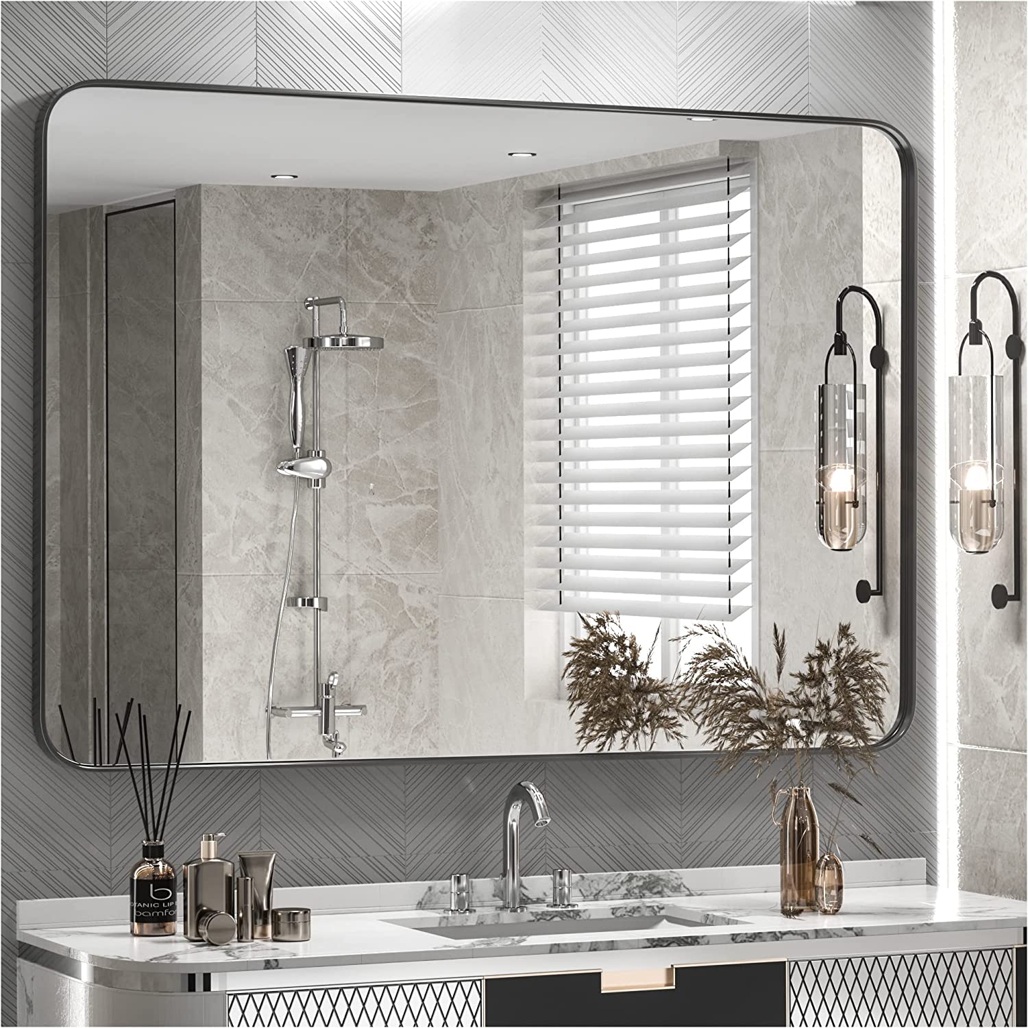 Bathroom Vanity Mirror with Brushed Gold Aluminum Frame – HD Tempered Glass Wall Mirror for Over Sink, Modern Design, Horizontal or Vertical Mount for Bathroom, Entryway, or Bedroom