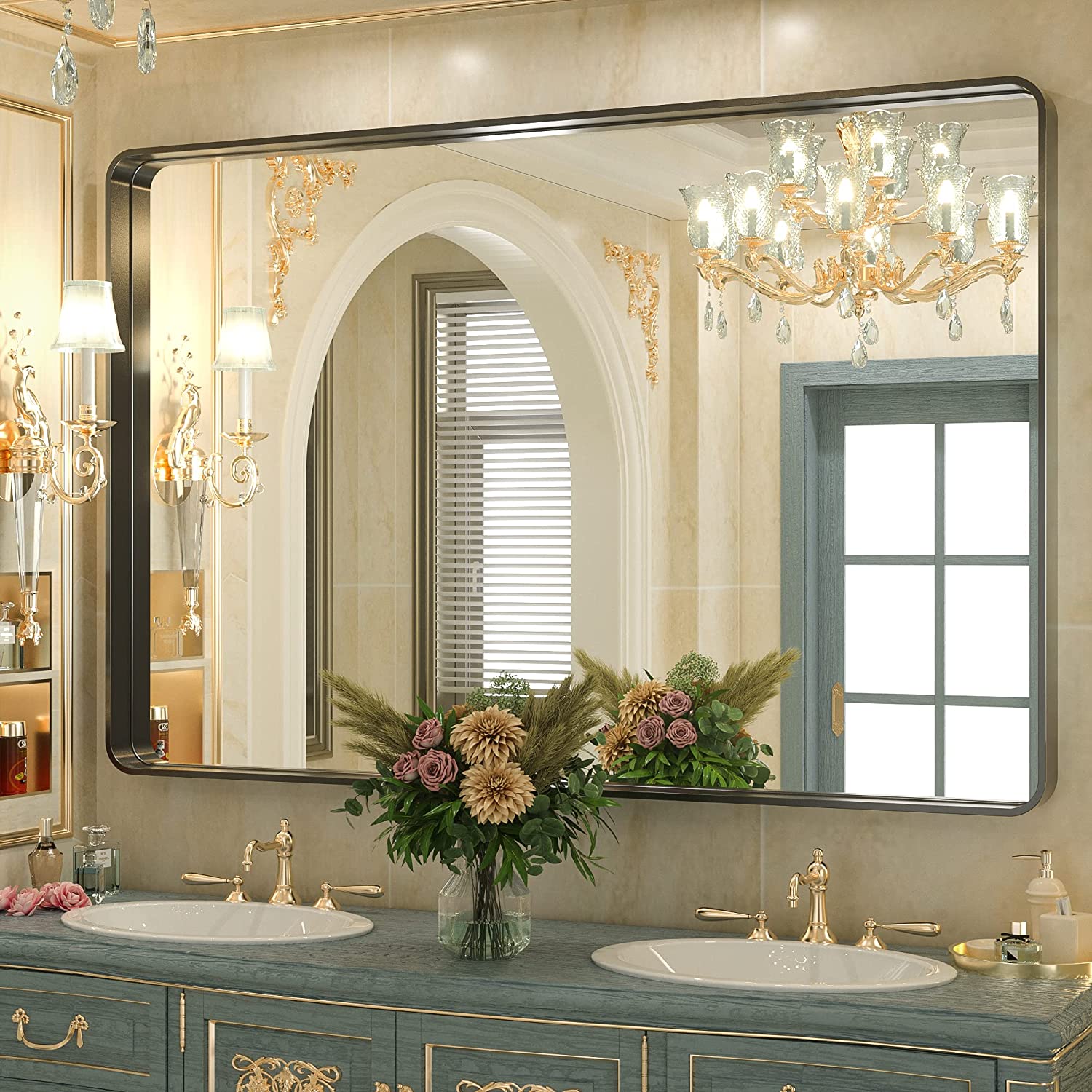 Bathroom Vanity Mirror with Brushed Gold Aluminum Frame – HD Tempered Glass Wall Mirror for Over Sink, Modern Design, Horizontal or Vertical Mount for Bathroom, Entryway, or Bedroom