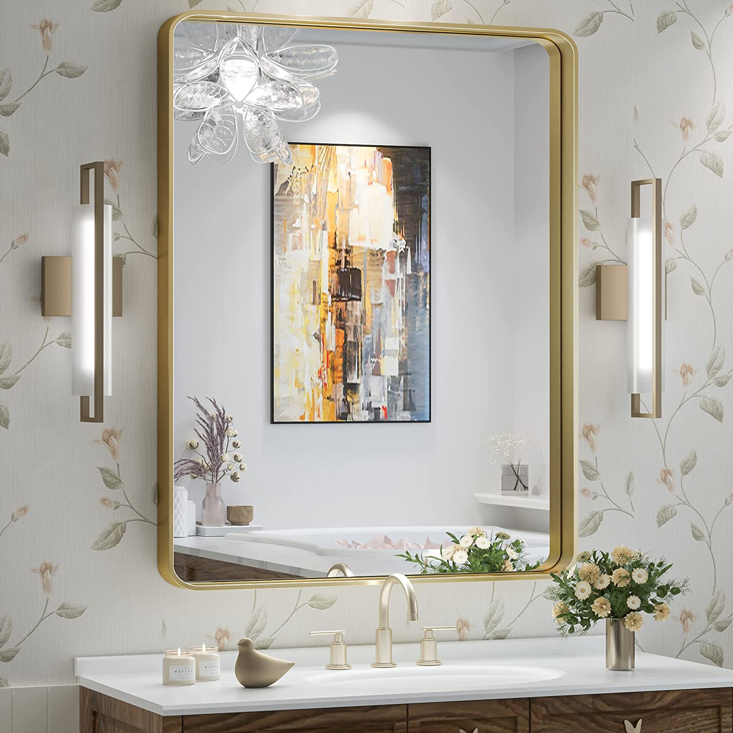 Bathroom Vanity Mirror with Brushed Gold Aluminum Frame – HD Tempered Glass Wall Mirror for Over Sink, Modern Design, Horizontal or Vertical Mount for Bathroom, Entryway, or Bedroom