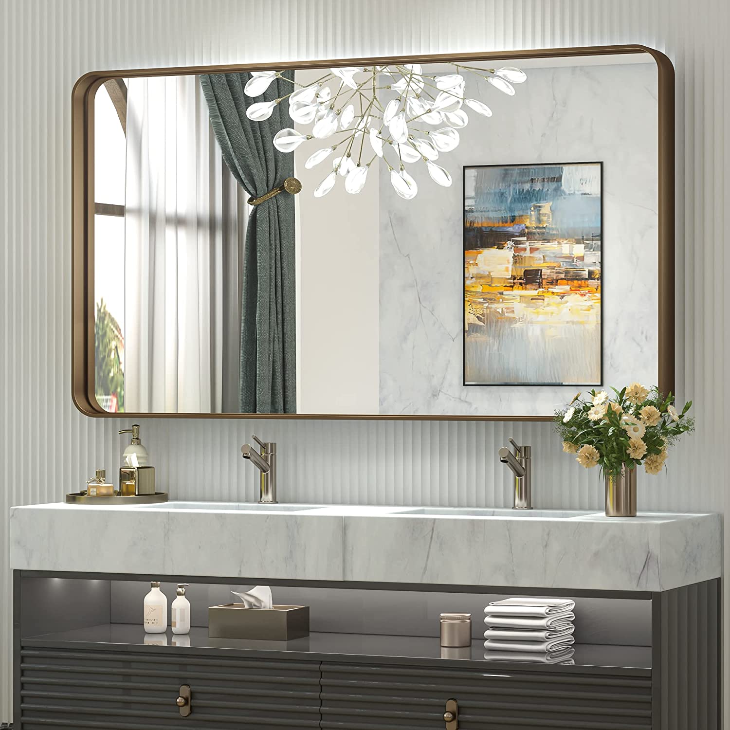 Bathroom Vanity Mirror with Brushed Gold Aluminum Frame – HD Tempered Glass Wall Mirror for Over Sink, Modern Design, Horizontal or Vertical Mount for Bathroom, Entryway, or Bedroom