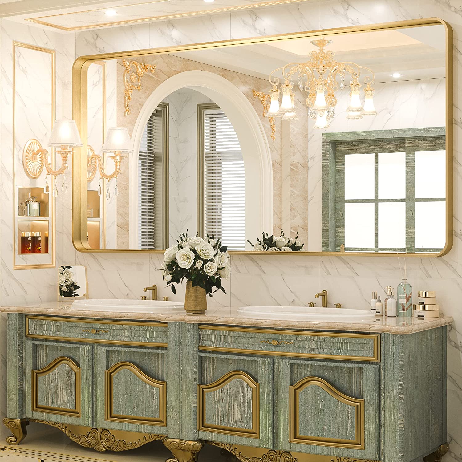 Bathroom Vanity Mirror with Brushed Gold Aluminum Frame – HD Tempered Glass Wall Mirror for Over Sink, Modern Design, Horizontal or Vertical Mount for Bathroom, Entryway, or Bedroom