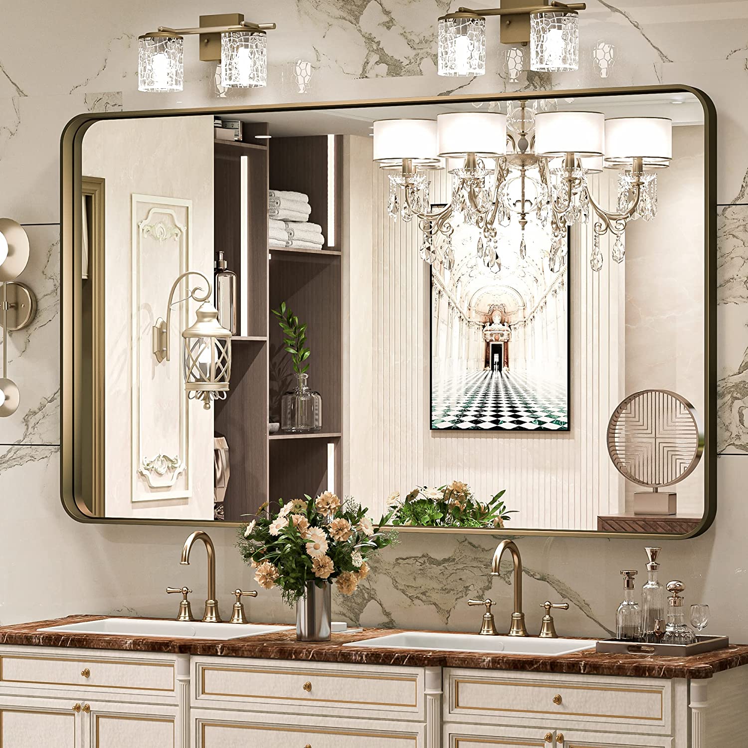 Bathroom Vanity Mirror with Brushed Gold Aluminum Frame – HD Tempered Glass Wall Mirror for Over Sink, Modern Design, Horizontal or Vertical Mount for Bathroom, Entryway, or Bedroom