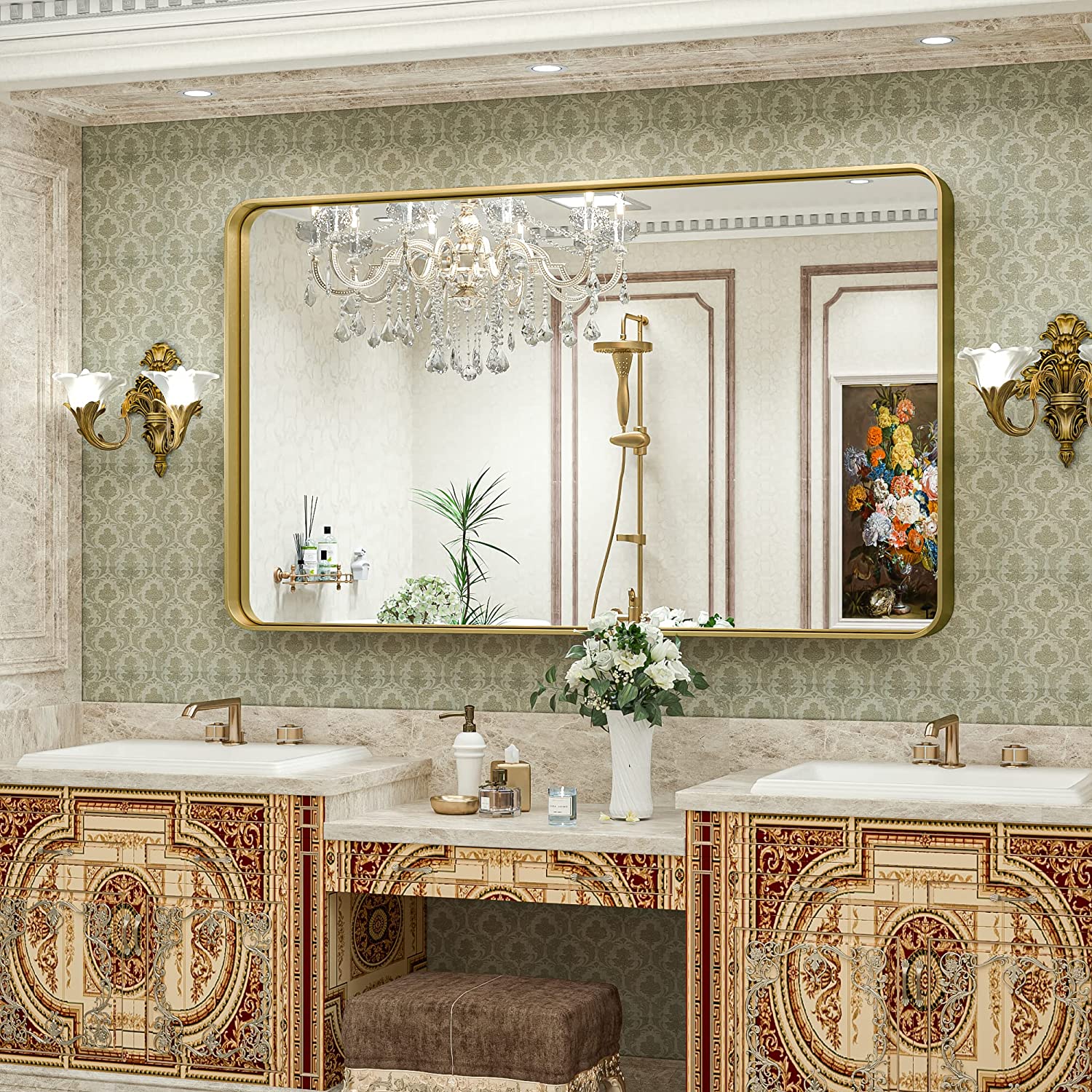 Bathroom Vanity Mirror with Brushed Gold Aluminum Frame – HD Tempered Glass Wall Mirror for Over Sink, Modern Design, Horizontal or Vertical Mount for Bathroom, Entryway, or Bedroom