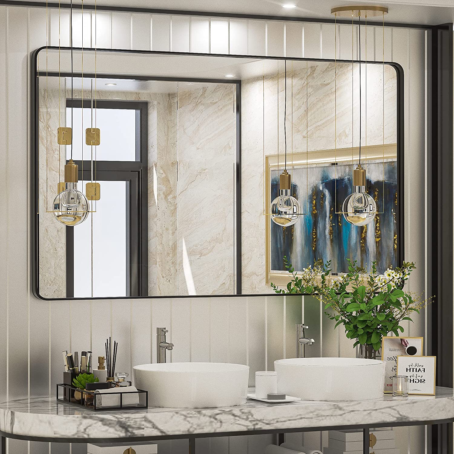 Bathroom Vanity Mirror with Brushed Gold Aluminum Frame – HD Tempered Glass Wall Mirror for Over Sink, Modern Design, Horizontal or Vertical Mount for Bathroom, Entryway, or Bedroom