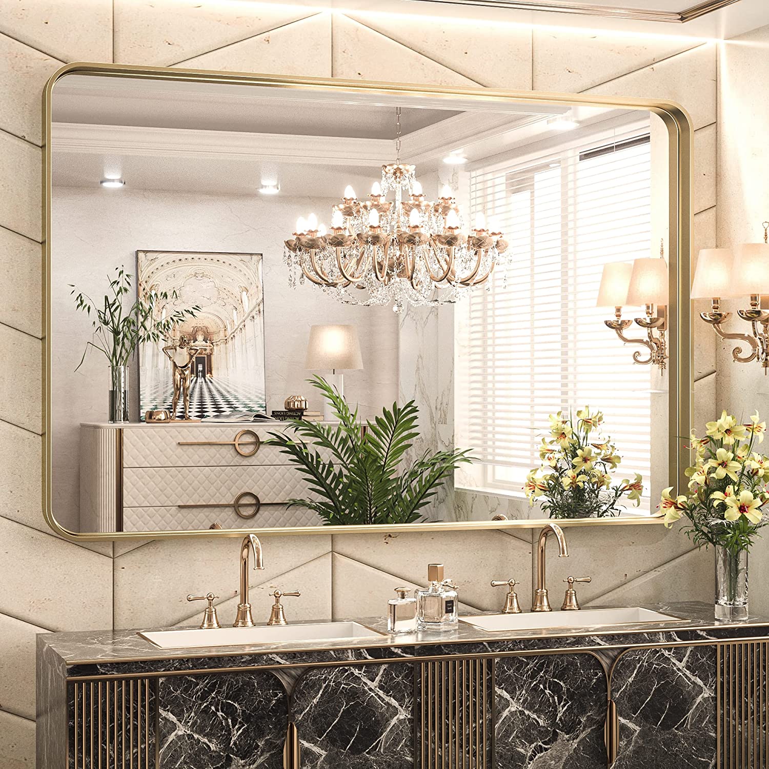 Bathroom Vanity Mirror with Brushed Gold Aluminum Frame – HD Tempered Glass Wall Mirror for Over Sink, Modern Design, Horizontal or Vertical Mount for Bathroom, Entryway, or Bedroom