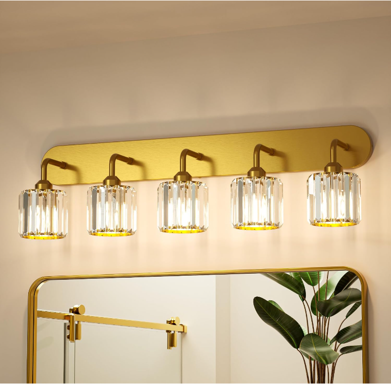 5-Light Crystal Bathroom Light Fixtures Over Mirror, Gold