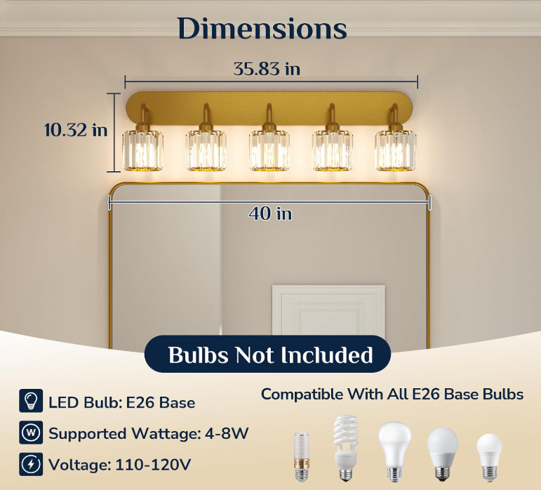 5-Light Crystal Bathroom Light Fixtures Over Mirror, Gold