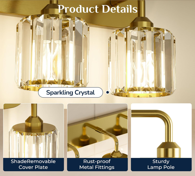 5-Light Crystal Bathroom Light Fixtures Over Mirror, Gold