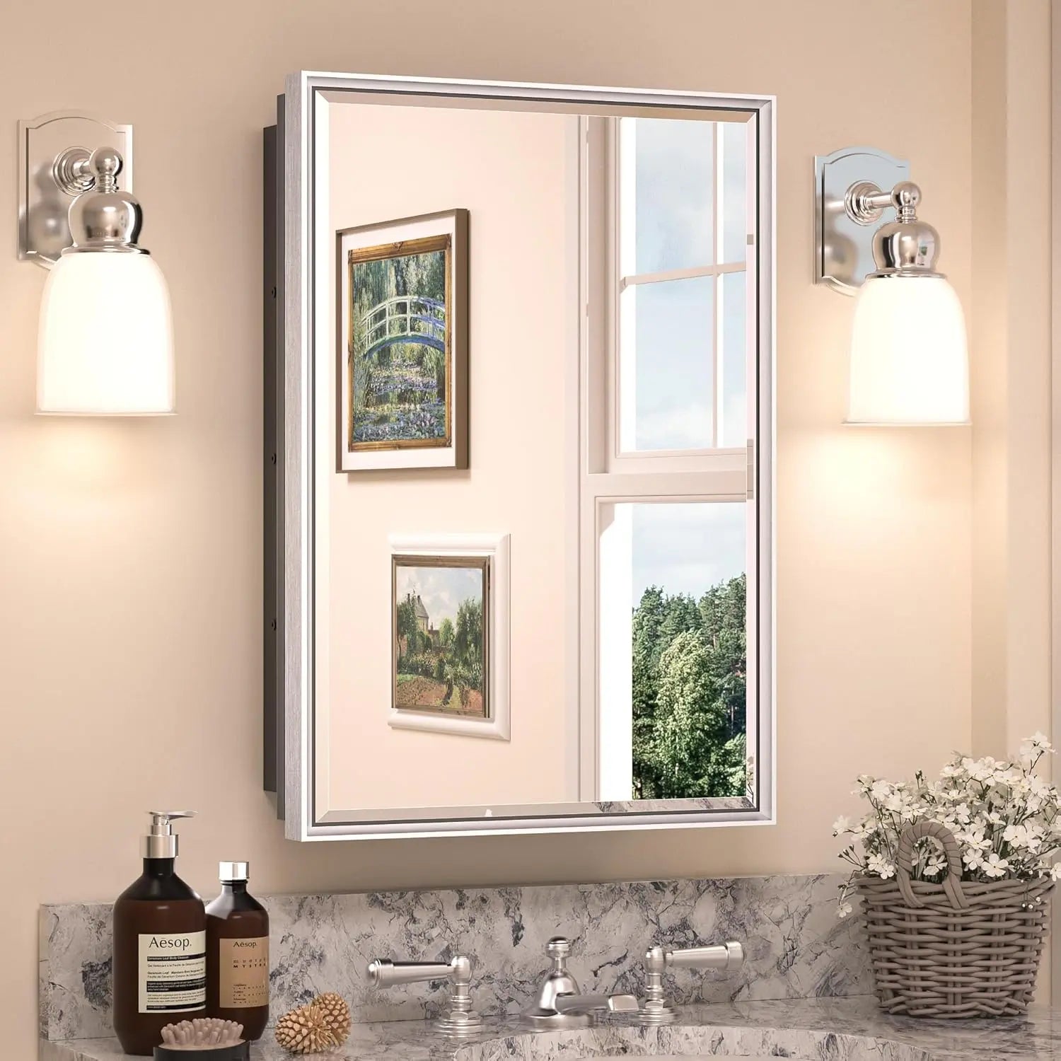 Wall Mounted Medicine Cabinet with Mirror – Aluminum Alloy Framed Bathroom Storage Cabinet with Beveled Mirrored Door, Modern Design for Vanity, Organized and Space-Saving Solution