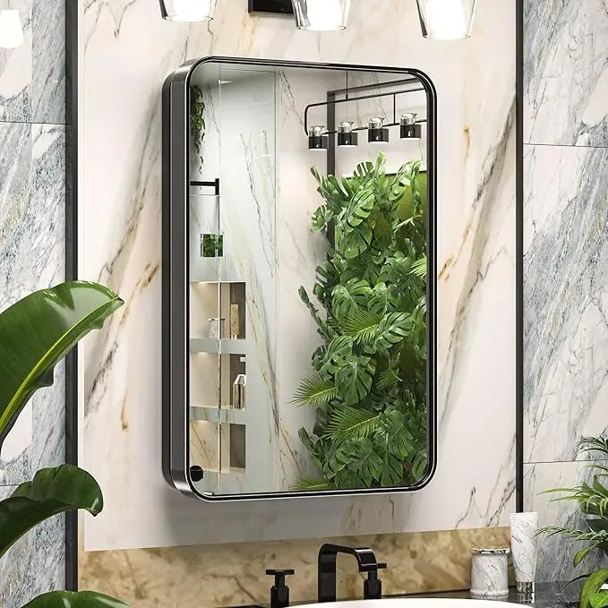 Bathroom Vanity Medicine Cabinet with Mirror – Brushed Brass Finish, Stainless Steel Frame, Rounded Rectangular Shape, Adjustable Shelves, Recessed or Surface Mount Installation