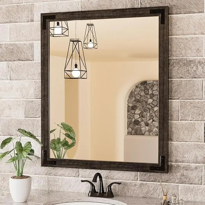 Wood Frame Bathroom Vanity Mirror for Wall – Rustic Farmhouse Style Vanity Mirror, Solid Wooden Frame for Over Sink Use, Mount Horizontally or Vertically – Modern Home Bathroom Decor