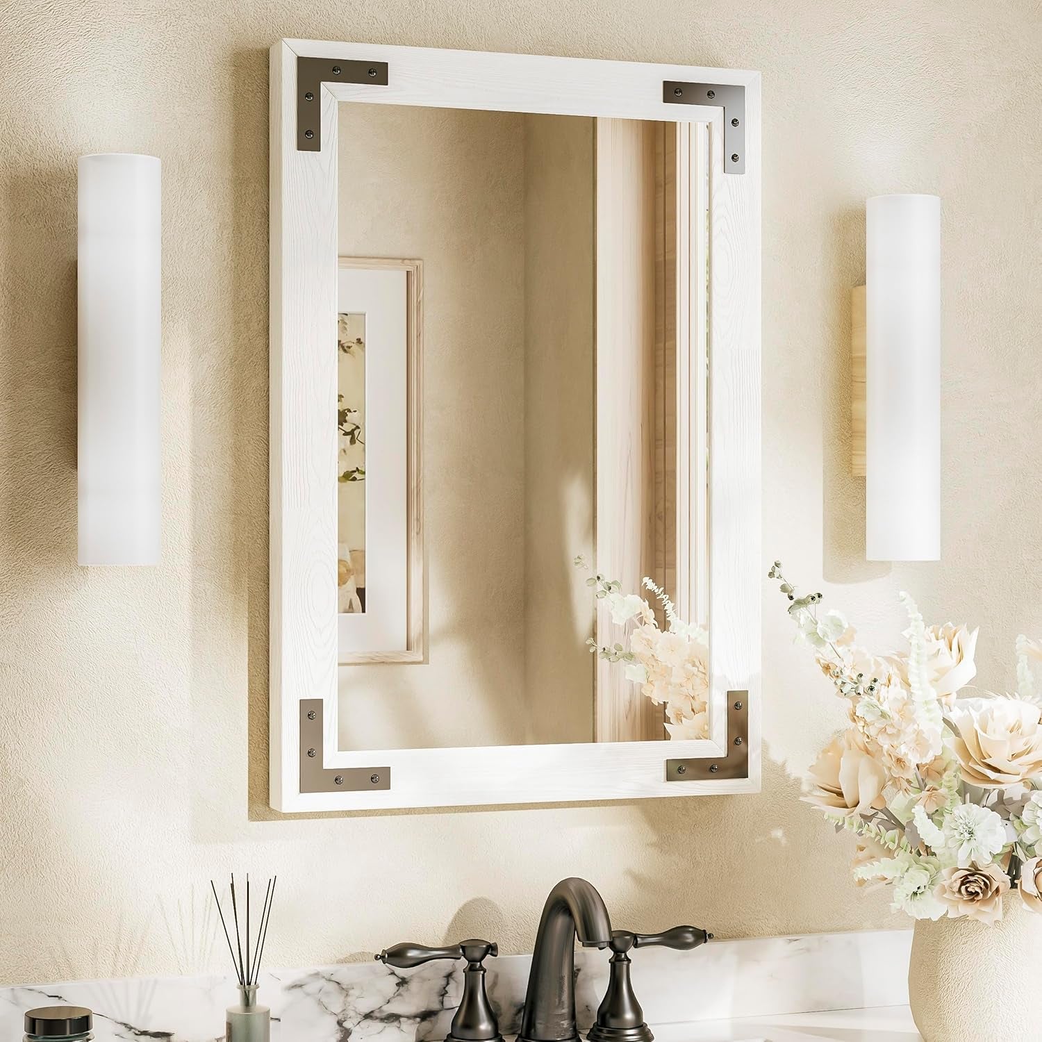 Wood Frame Bathroom Vanity Mirror for Wall – Rustic Farmhouse Style Vanity Mirror, Solid Wooden Frame for Over Sink Use, Mount Horizontally or Vertically – Modern Home Bathroom Decor