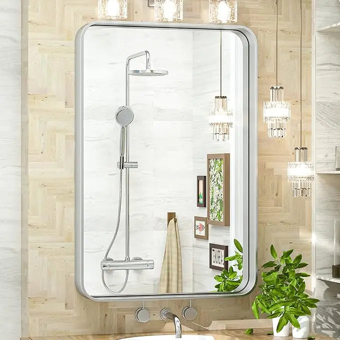Bathroom Vanity Mirror with Brushed Gold Aluminum Frame – HD Tempered Glass Wall Mirror for Over Sink, Modern Design, Horizontal or Vertical Mount for Bathroom, Entryway, or Bedroom