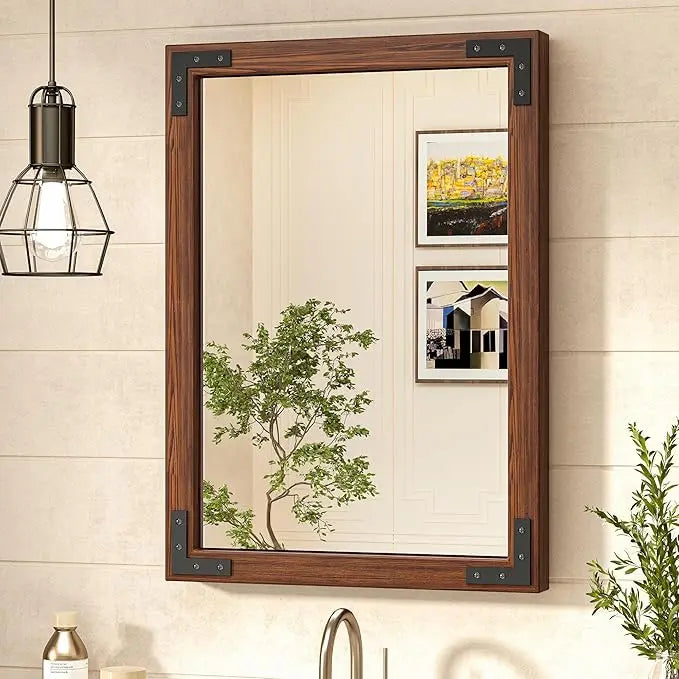 Wood Frame Bathroom Vanity Mirror for Wall – Rustic Farmhouse Style Vanity Mirror, Solid Wooden Frame for Over Sink Use, Mount Horizontally or Vertically – Modern Home Bathroom Decor