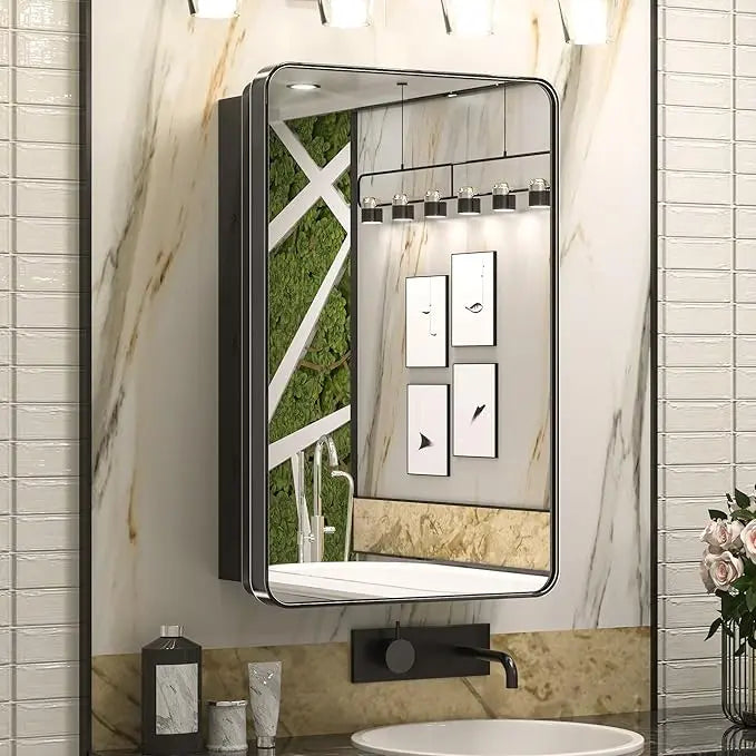 Bathroom Vanity Medicine Cabinet with Mirror – Brushed Brass Finish, Stainless Steel Frame, Rounded Rectangular Shape, Adjustable Shelves, Recessed or Surface Mount Installation