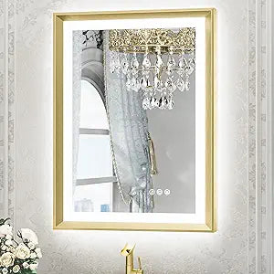 LED Bathroom Vanity Mirror with Frame – Backlit and Front Lighted, Aluminum Rectangle with Beveled Edge, Tricolor Stepless Dimmable, Anti-Fog, Memory Function, Modern Wall Decor