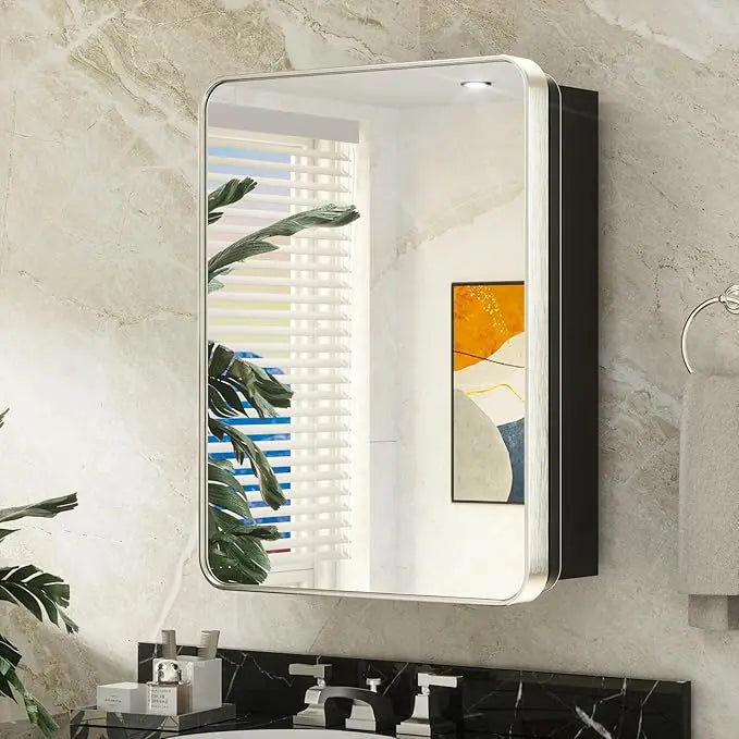 Bathroom Vanity Medicine Cabinet with Mirror – Brushed Brass Finish, Stainless Steel Frame, Rounded Rectangular Shape, Adjustable Shelves, Recessed or Surface Mount Installation