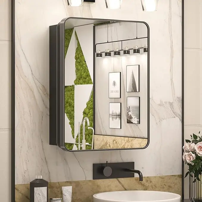 Bathroom Vanity Medicine Cabinet with Mirror – Brushed Brass Finish, Stainless Steel Frame, Rounded Rectangular Shape, Adjustable Shelves, Recessed or Surface Mount Installation