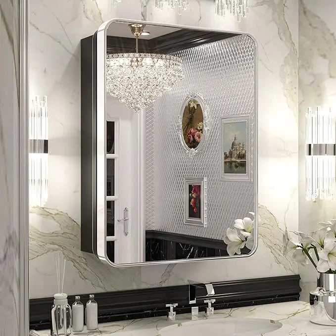 Bathroom Vanity Medicine Cabinet with Mirror – Brushed Brass Finish, Stainless Steel Frame, Rounded Rectangular Shape, Adjustable Shelves, Recessed or Surface Mount Installation