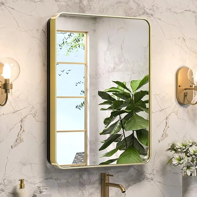 Bathroom Vanity Medicine Cabinet with Mirror – Brushed Brass Finish, Stainless Steel Frame, Rounded Rectangular Shape, Adjustable Shelves, Recessed or Surface Mount Installation