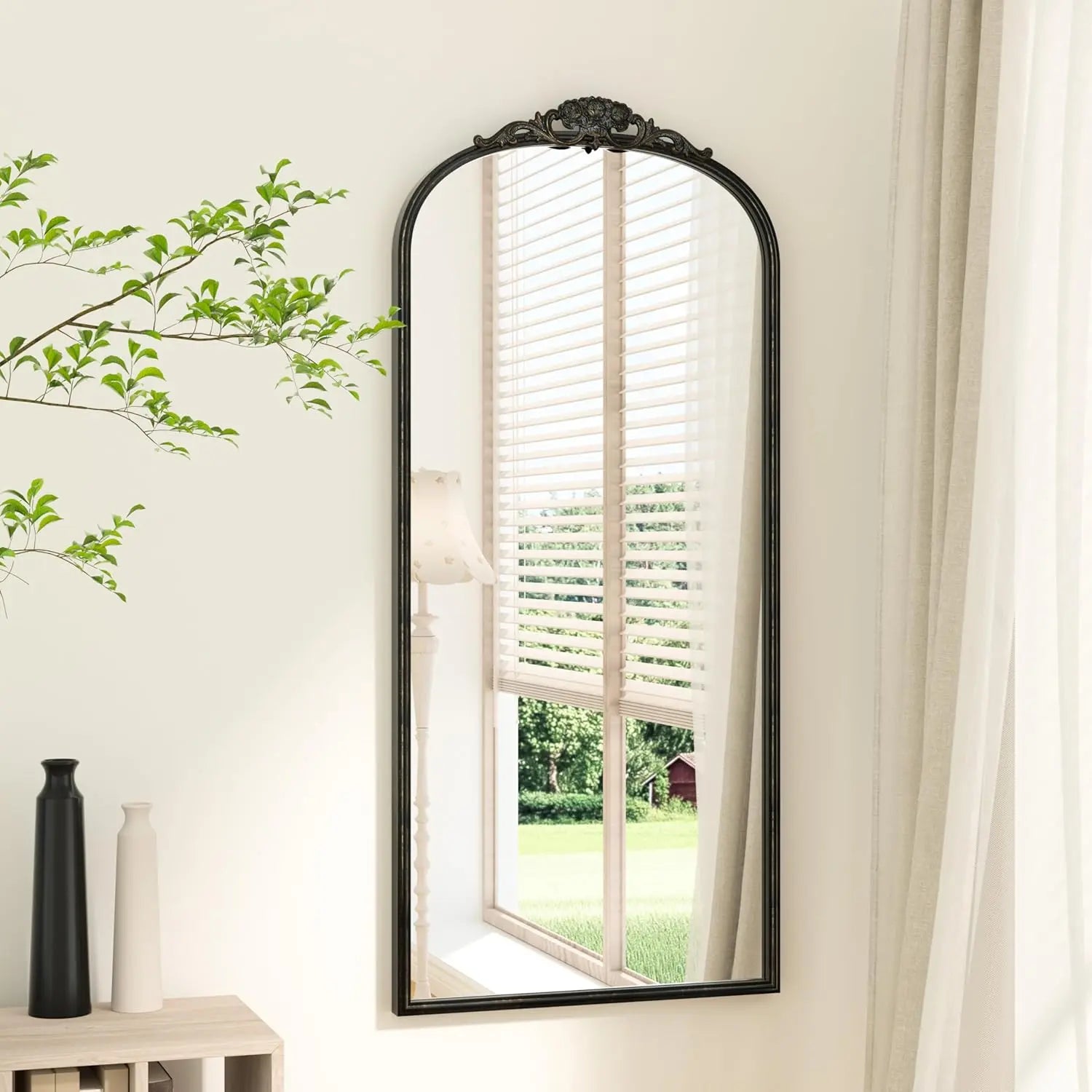 Vintage Arched Mirror – Ornate Baroque Decorative Wall Mirror for Bathroom, Mantle, Entryway, or Living Room, Antique Brass Finish with French Cleat Mounting for Easy Installation