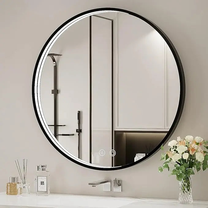 Round LED Mirror for Bathroom, Restroom and Vanity with Lights 3000K/4500K/6000K, Metal Framed Frontlighted Vanity Mirror Wall Mounted, Dimmable Makeup Mirror Touch Switch UL Listed CRI≥90
