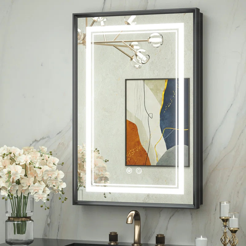 Recessed Medicine Cabinet Mirror with Lights Tempered, 3-Color Stepless Dimmable Led Mirrored Medicine Cabinet Defog and Electrical Outlets, Modern Mirror with Storage