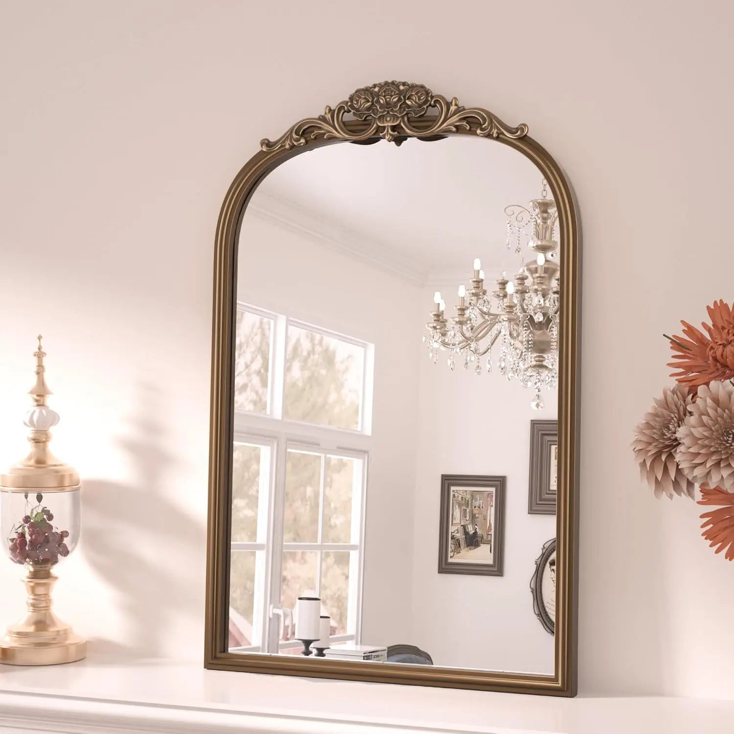 Vintage Arched Mirror – Ornate Baroque Decorative Wall Mirror for Bathroom, Mantle, Entryway, or Living Room, Antique Brass Finish with French Cleat Mounting for Easy Installation