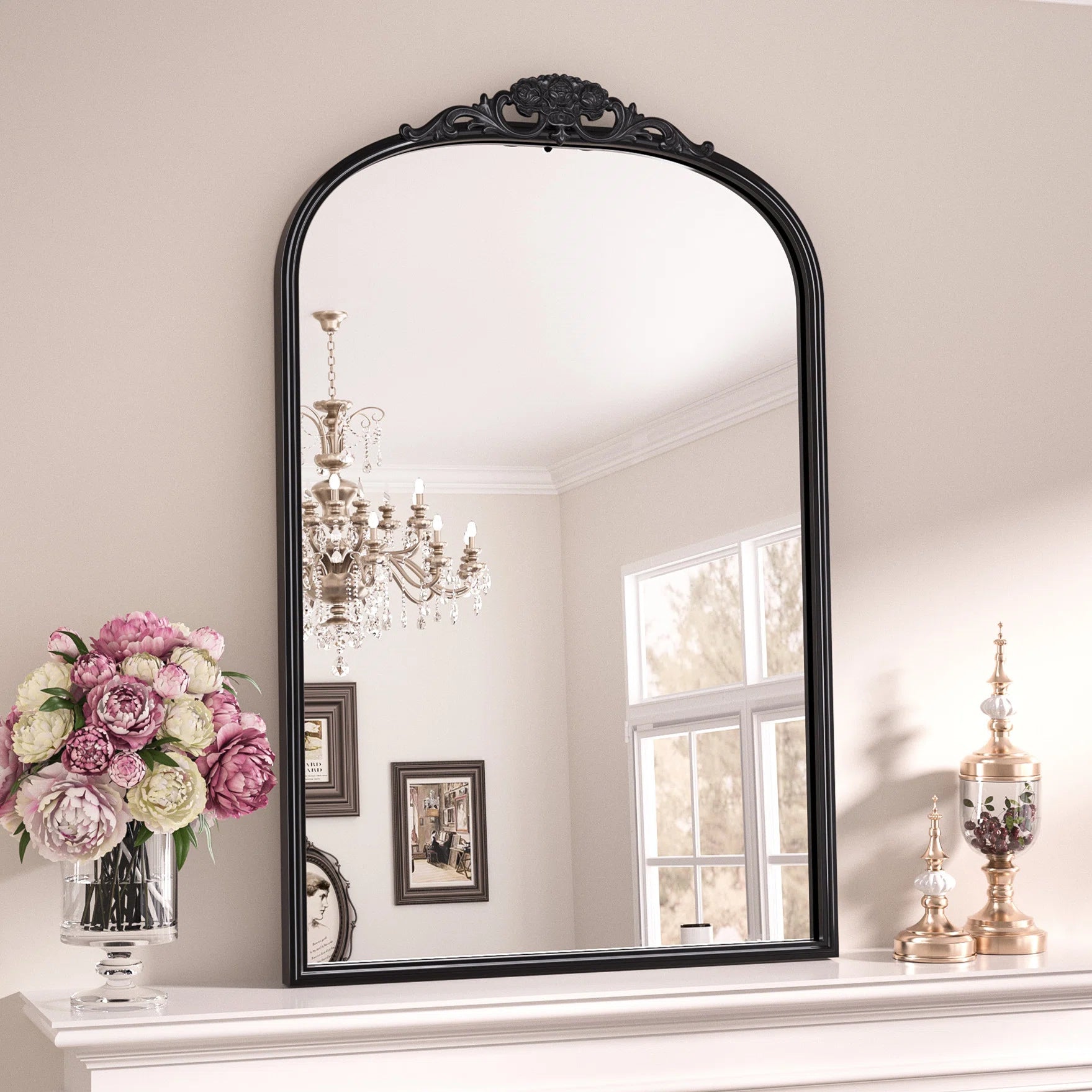 Vintage Arched Mirror – Ornate Baroque Decorative Wall Mirror for Bathroom, Mantle, Entryway, or Living Room, Antique Brass Finish with French Cleat Mounting for Easy Installation