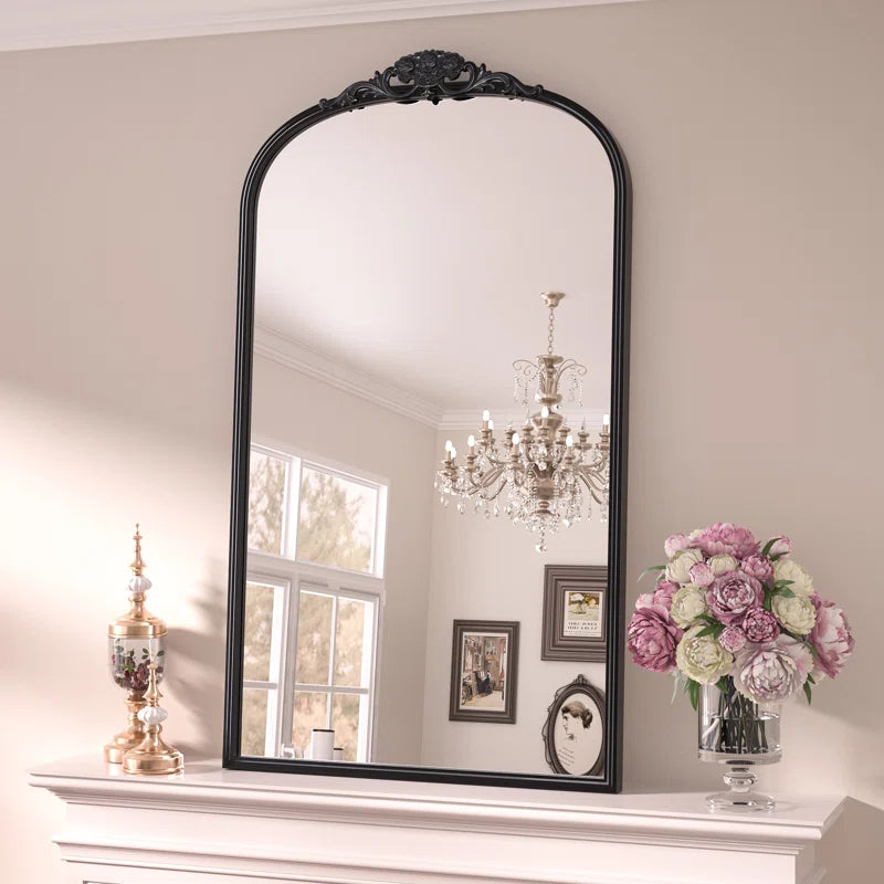 Vintage Arched Mirror – Ornate Baroque Decorative Wall Mirror for Bathroom, Mantle, Entryway, or Living Room, Antique Brass Finish with French Cleat Mounting for Easy Installation