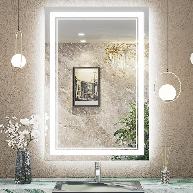 LED Bathroom Vanity Mirror with Lights Frontlit and Backlit Vanity Mirror Anti-Fog Wall Mounted Lighted Bathroom Mirror Dimmable Makeup Mirror with Memory Function(Horizontal&amp;Vertical)