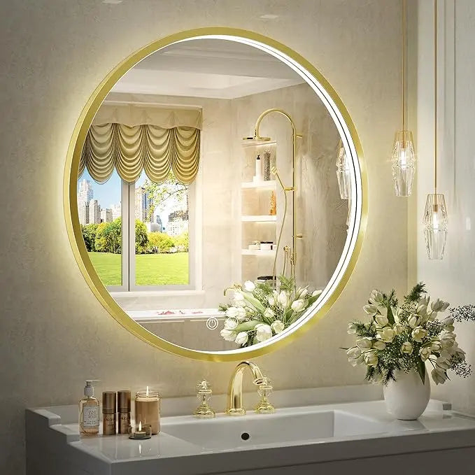 Round LED Mirror for Bathroom, Restroom and Vanity with Lights 3000K/4500K/6000K, Metal Framed Frontlighted Vanity Mirror Wall Mounted, Dimmable Makeup Mirror Touch Switch UL Listed CRI≥90