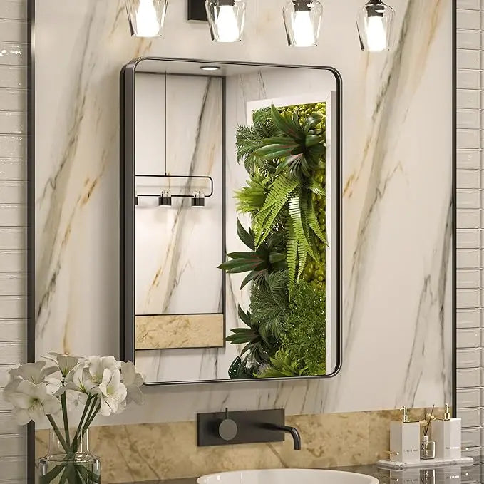Bathroom Vanity Medicine Cabinet with Mirror – Brushed Brass Finish, Stainless Steel Frame, Rounded Rectangular Shape, Adjustable Shelves, Recessed or Surface Mount Installation