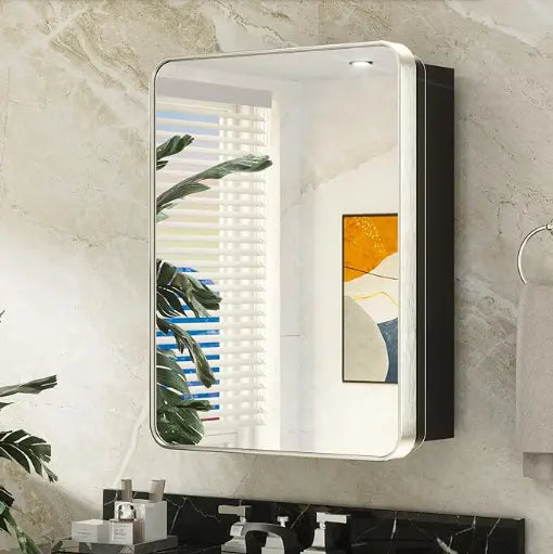Bathroom Vanity Medicine Cabinet with Mirror – Brushed Brass Finish, Stainless Steel Frame, Rounded Rectangular Shape, Adjustable Shelves, Recessed or Surface Mount Installation