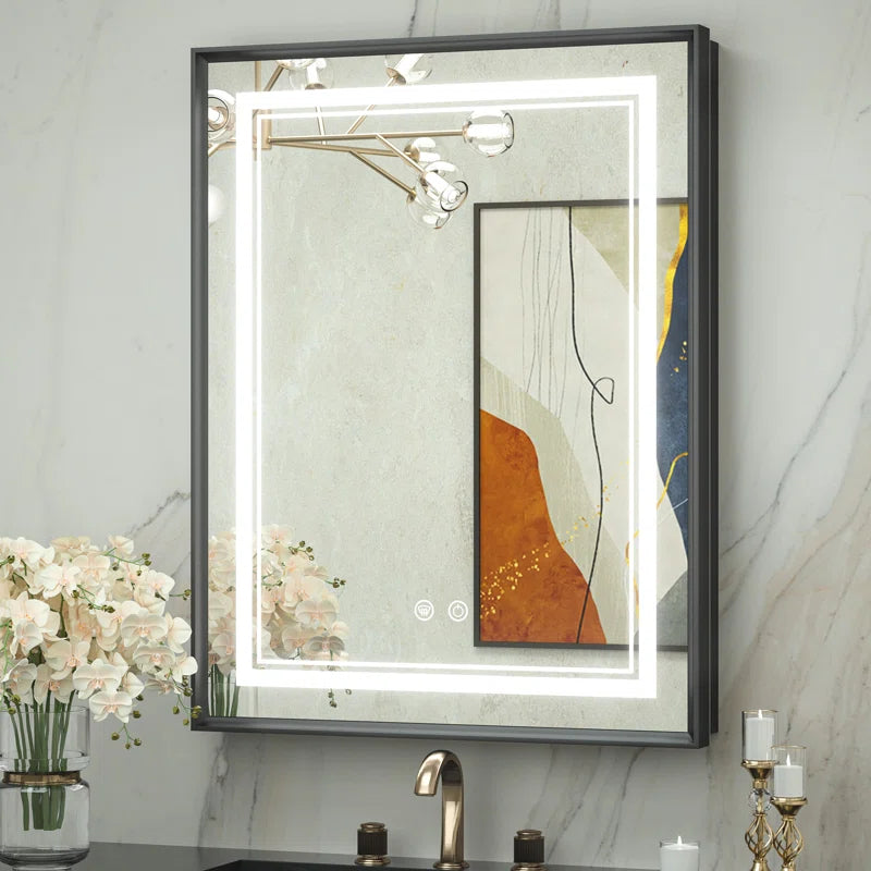 Recessed Medicine Cabinet Mirror with Lights Tempered, 3-Color Stepless Dimmable Led Mirrored Medicine Cabinet Defog and Electrical Outlets, Modern Mirror with Storage