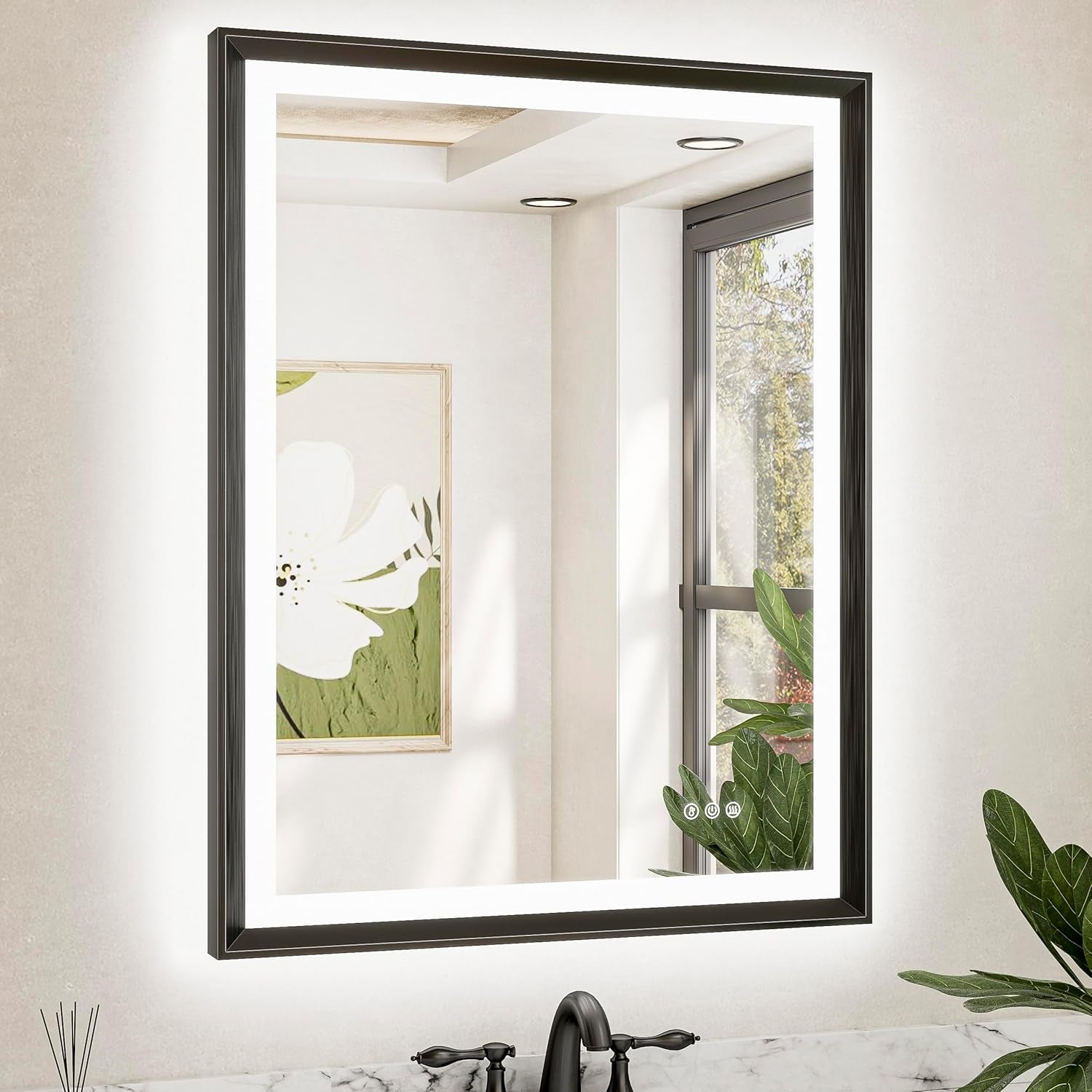 LED Bathroom Vanity Mirror with Frame – Backlit and Front Lighted, Aluminum Rectangle with Beveled Edge, Tricolor Stepless Dimmable, Anti-Fog, Memory Function, Modern Wall Decor