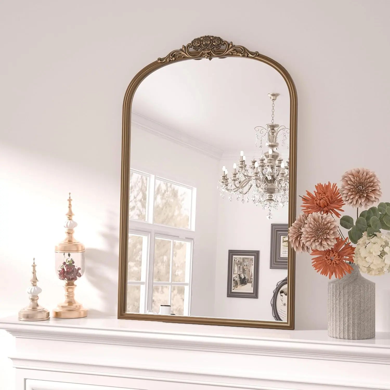 Vintage Arched Mirror – Ornate Baroque Decorative Wall Mirror for Bathroom, Mantle, Entryway, or Living Room, Antique Brass Finish with French Cleat Mounting for Easy Installation