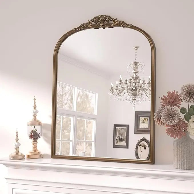 Vintage Arched Mirror – Ornate Baroque Decorative Wall Mirror for Bathroom, Mantle, Entryway, or Living Room, Antique Brass Finish with French Cleat Mounting for Easy Installation