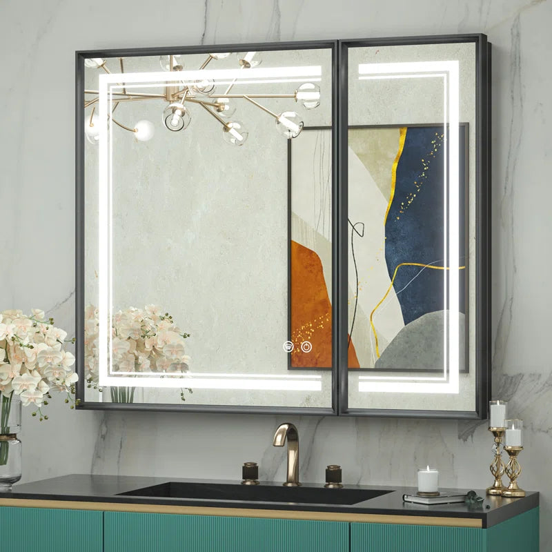 Recessed Medicine Cabinet Mirror with Lights Tempered, 3-Color Stepless Dimmable Led Mirrored Medicine Cabinet Defog and Electrical Outlets, Modern Mirror with Storage