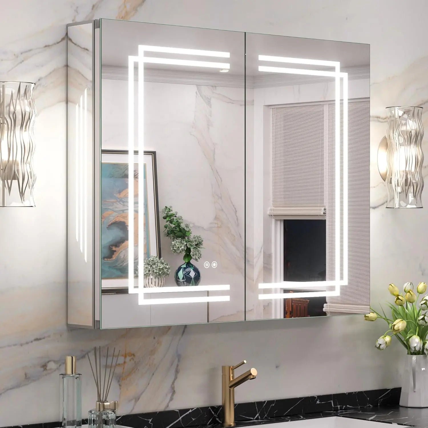 Medicine Cabinet Mirrored, Anti-Fog Tempered Bathroom Vanity LED Mirror with Storage 3 Color Stepless Dimming, CRI 80+, Memory Funtion, Surface Mount Medicine Cabinet with Light