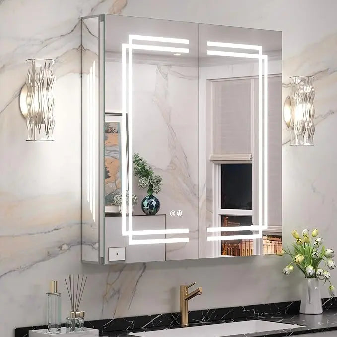 Medicine Cabinet Mirrored, Anti-Fog Tempered Bathroom Vanity LED Mirror with Storage 3 Color Stepless Dimming, CRI 80+, Memory Funtion, Surface Mount Medicine Cabinet with Light