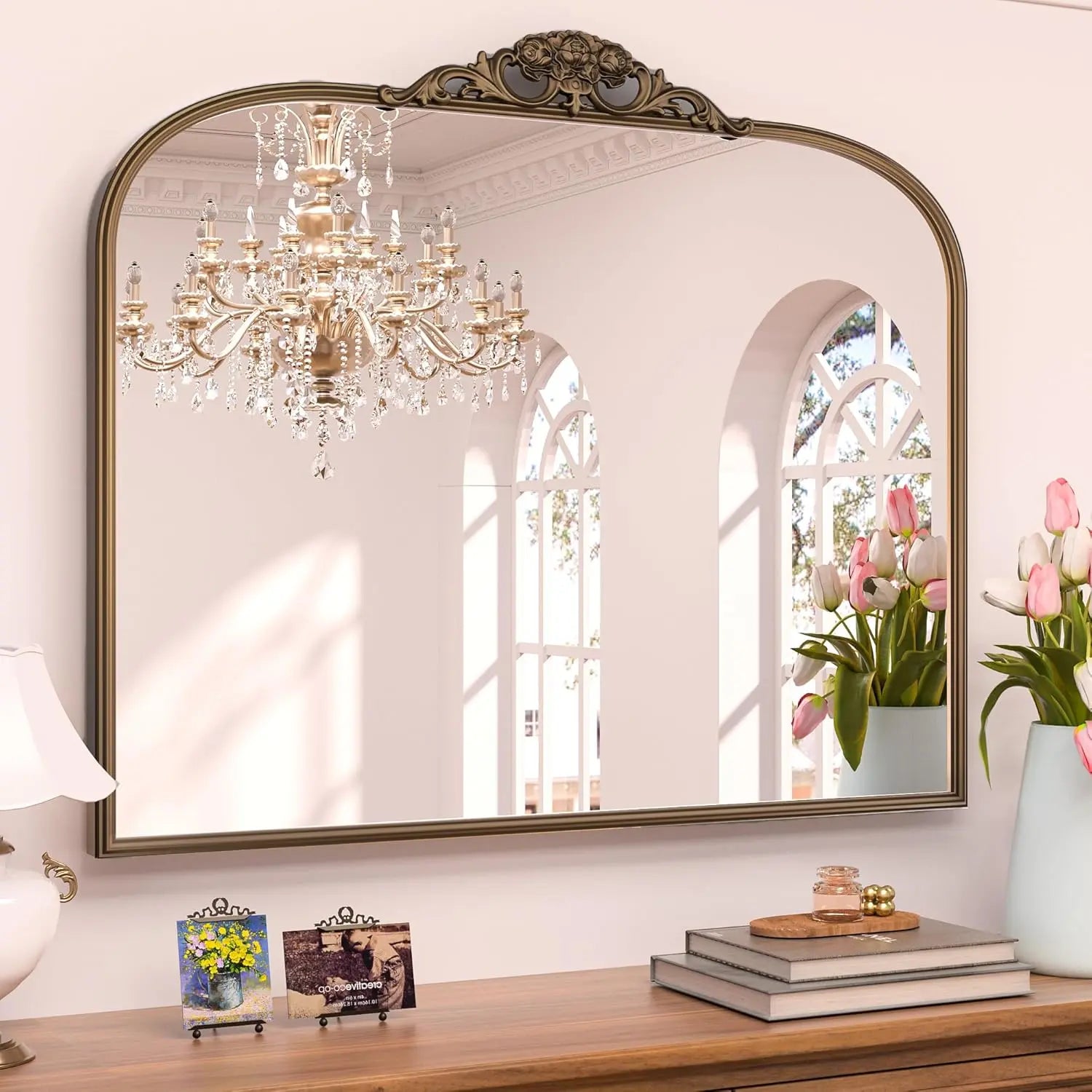 Vintage Arched Mirror – Ornate Baroque Decorative Wall Mirror for Bathroom, Mantle, Entryway, or Living Room, Antique Brass Finish with French Cleat Mounting for Easy Installation