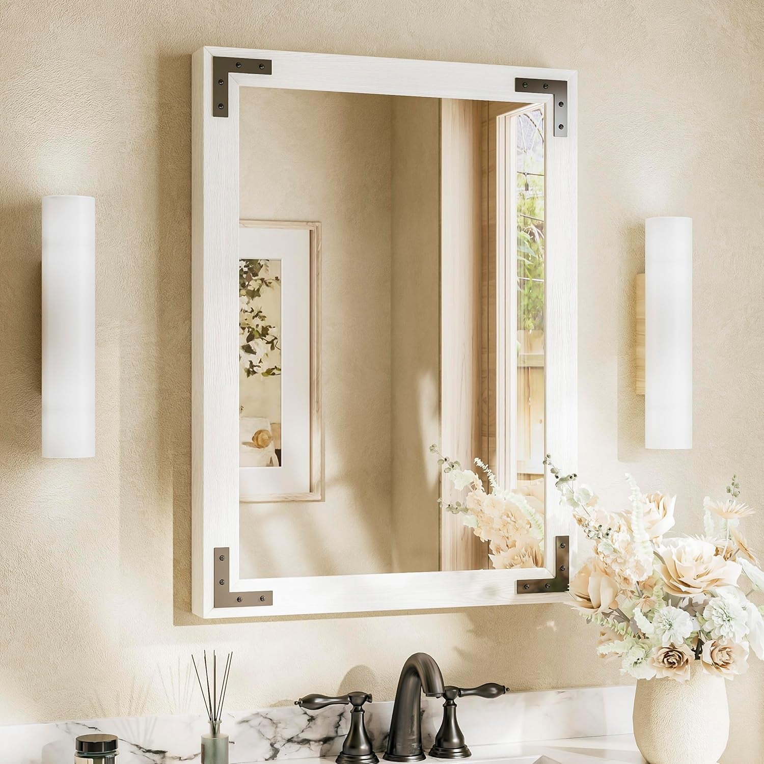 Wood Frame Bathroom Vanity Mirror for Wall – Rustic Farmhouse Style Vanity Mirror, Solid Wooden Frame for Over Sink Use, Mount Horizontally or Vertically – Modern Home Bathroom Decor