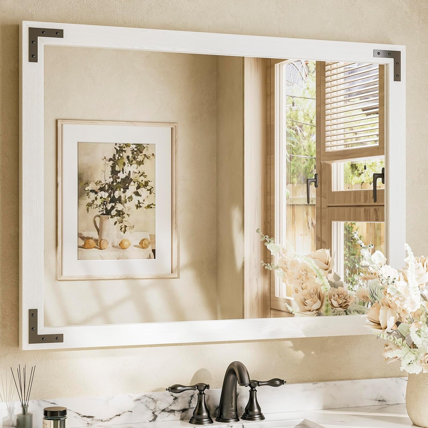Wood Frame Bathroom Vanity Mirror for Wall – Rustic Farmhouse Style Vanity Mirror, Solid Wooden Frame for Over Sink Use, Mount Horizontally or Vertically – Modern Home Bathroom Decor