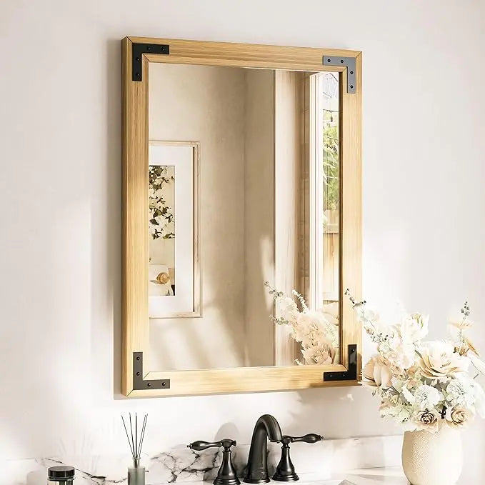 Wood Frame Bathroom Vanity Mirror for Wall – Rustic Farmhouse Style Vanity Mirror, Solid Wooden Frame for Over Sink Use, Mount Horizontally or Vertically – Modern Home Bathroom Decor