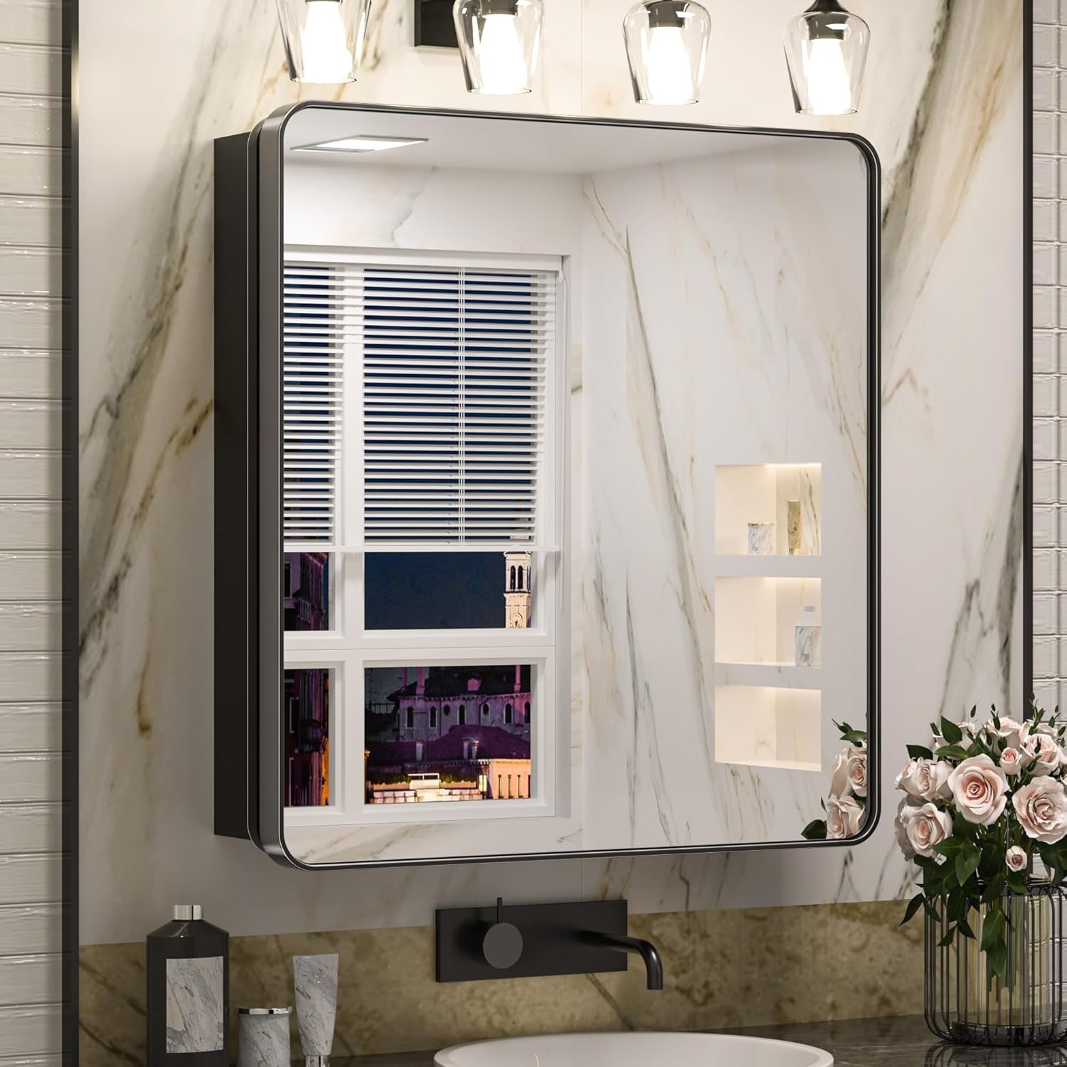Bathroom Vanity Medicine Cabinet with Mirror – Brushed Brass Finish, Stainless Steel Frame, Rounded Rectangular Shape, Adjustable Shelves, Recessed or Surface Mount Installation