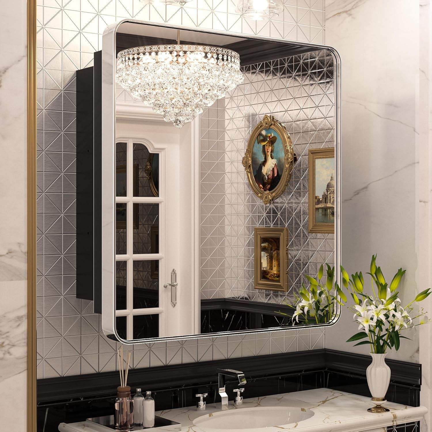 Bathroom Vanity Medicine Cabinet with Mirror – Brushed Brass Finish, Stainless Steel Frame, Rounded Rectangular Shape, Adjustable Shelves, Recessed or Surface Mount Installation