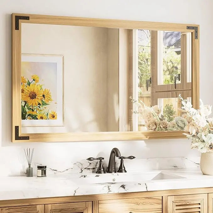 Wood Frame Bathroom Vanity Mirror for Wall – Rustic Farmhouse Style Vanity Mirror, Solid Wooden Frame for Over Sink Use, Mount Horizontally or Vertically – Modern Home Bathroom Decor